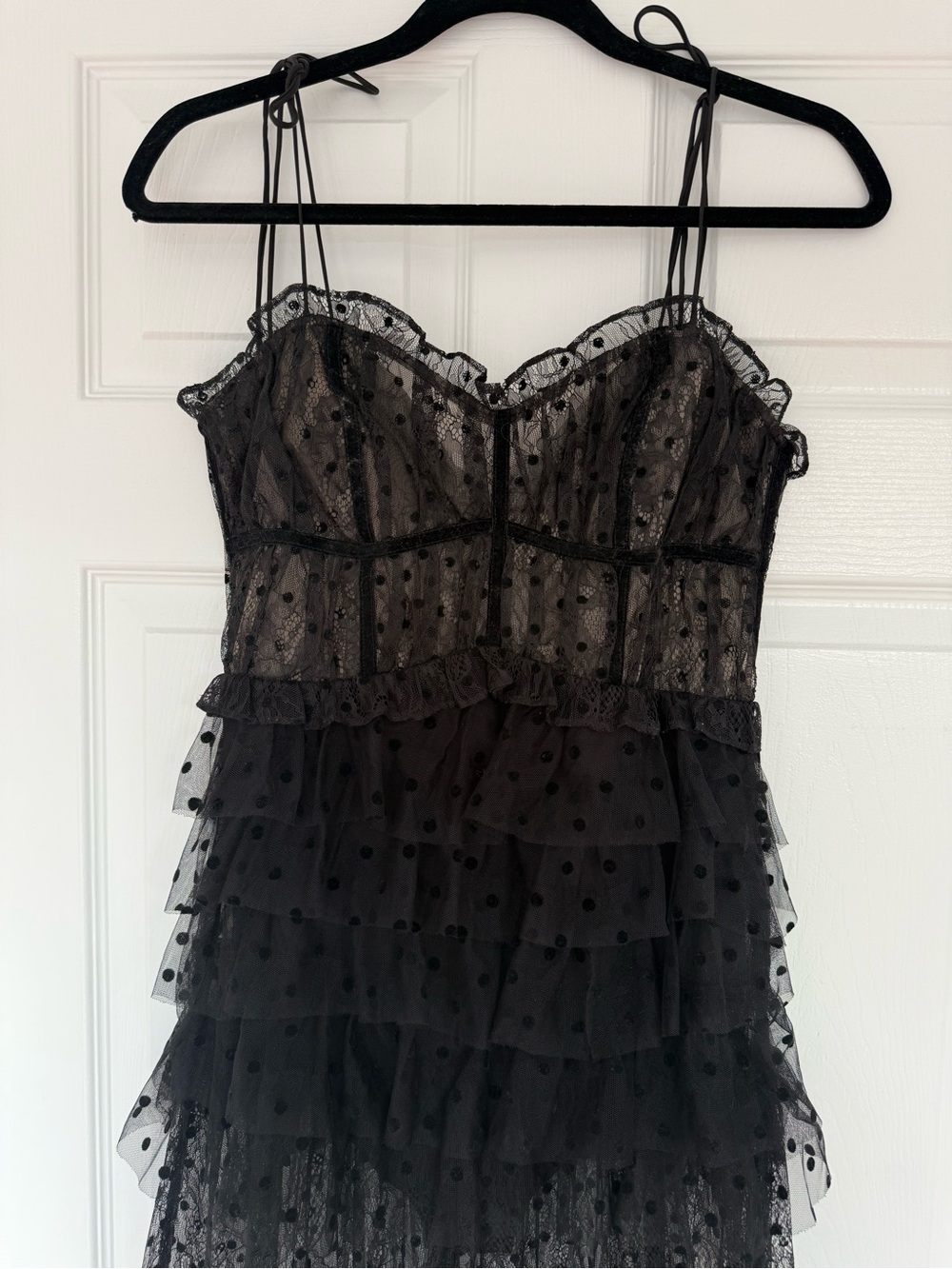 For Love & Lemons Black Sheer Polka-Dot Tiered Maxi Dress - Picture 2 of 9